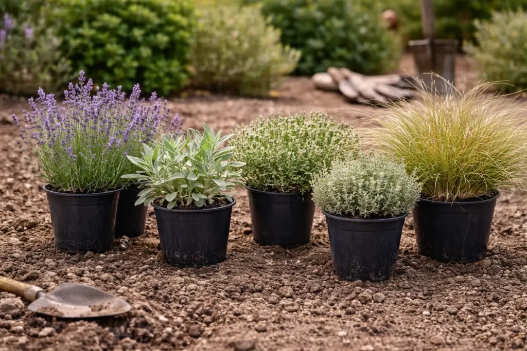 Sélection de plantes méditerranéennes en godets avant plantation