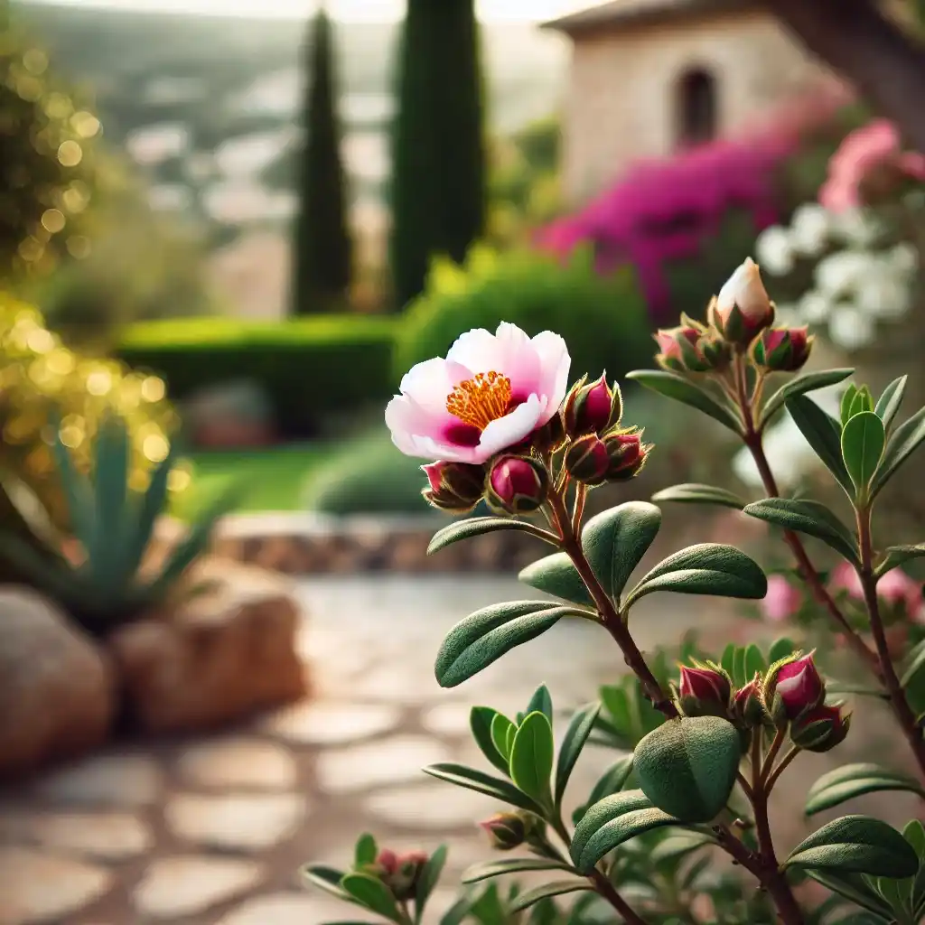 Lavande-Une plante de lavande dans un jardin méditerranéen. La plante est en pleine floraison avec des fleurs violettes éclatantes et des tiges vertes, capturées dans une photo macro