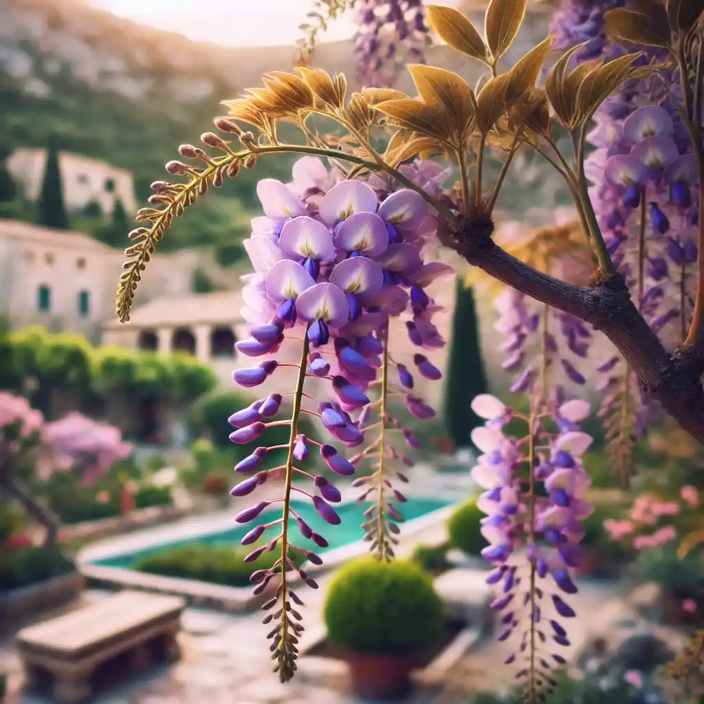 Glycine-Une-plante-de-Glycine-dans-un-jardin-mediterraneen.-La-plante-est-en-pleine-floraison-avec-ses-grappes-de-fleurs-violettes-en-cascade-capturees-dans-une-macro-sh_2