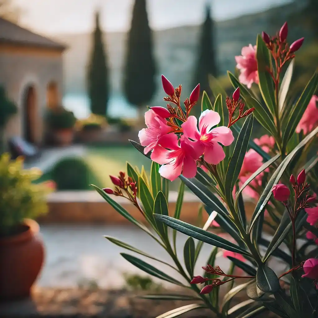 Laurier-Rose-Une-plante-de-Nerium-oleander-rose-laurier-dans-un-jardin-mediterraneen.-La-plante-est-en-pleine-floraison-avec-ses-fleurs-roses-eclatantes-et-ses-feuilles-vertes-capturees-_1