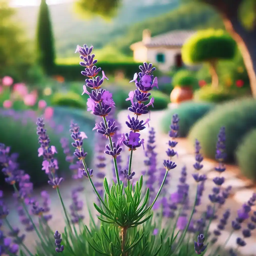 Lavande-Une plante de lavande dans un jardin méditerranéen. La plante est en pleine floraison avec des fleurs violettes éclatantes et des tiges vertes, capturées dans une photo macro