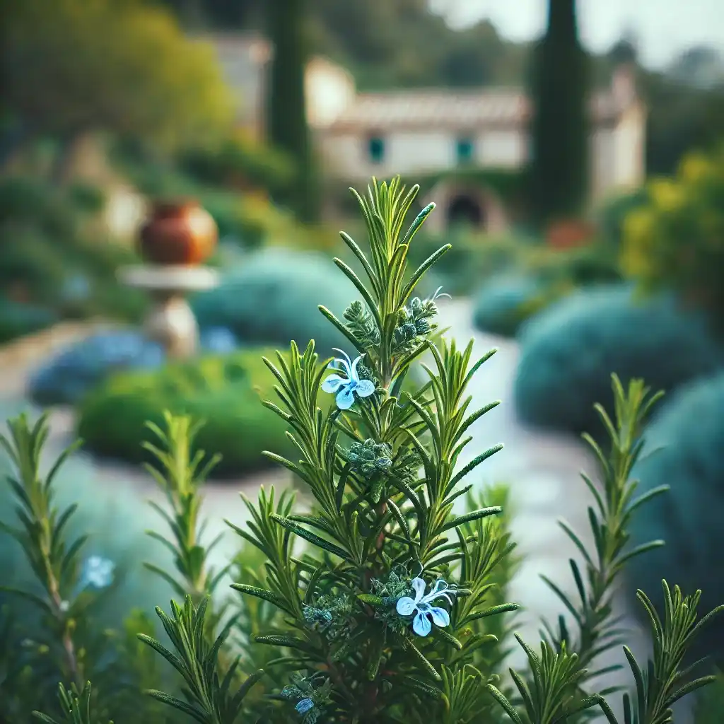 Lavande-Une plante de lavande dans un jardin méditerranéen. La plante est en pleine floraison avec des fleurs violettes éclatantes et des tiges vertes, capturées dans une photo macro