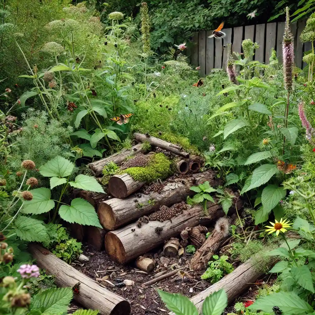 Un coin de jardin laisse sauvage avec des tas de feuilles ou de bois des plantes non taillees servant de refuge pour les petits animaux comme les herissons ou les insectes_6