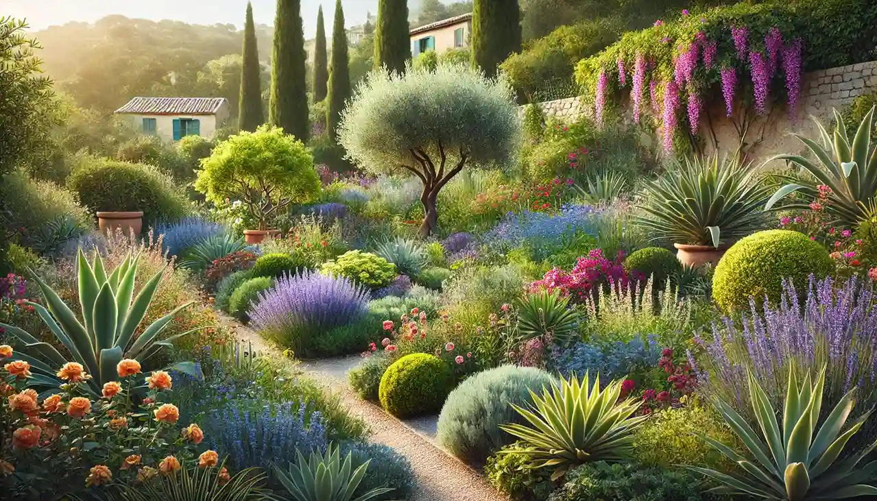 Un-jardin-mediterraneen-luxuriant-avec-une-variete-de-plantes-tolerantes-a-la-secheresse_-lavande-romarin-olivier-ciste-agave-santoline-bougainvilliers