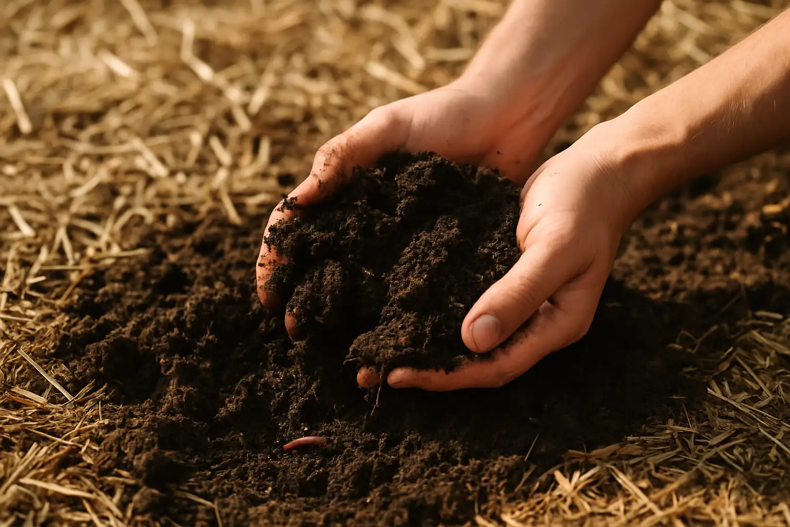 compost-sol-vivant-permaculture-beziers Des mains tenant du compost riche et un ver de terre, illustrant la création d'un sol vivant et éponge en permaculture à Béziers.