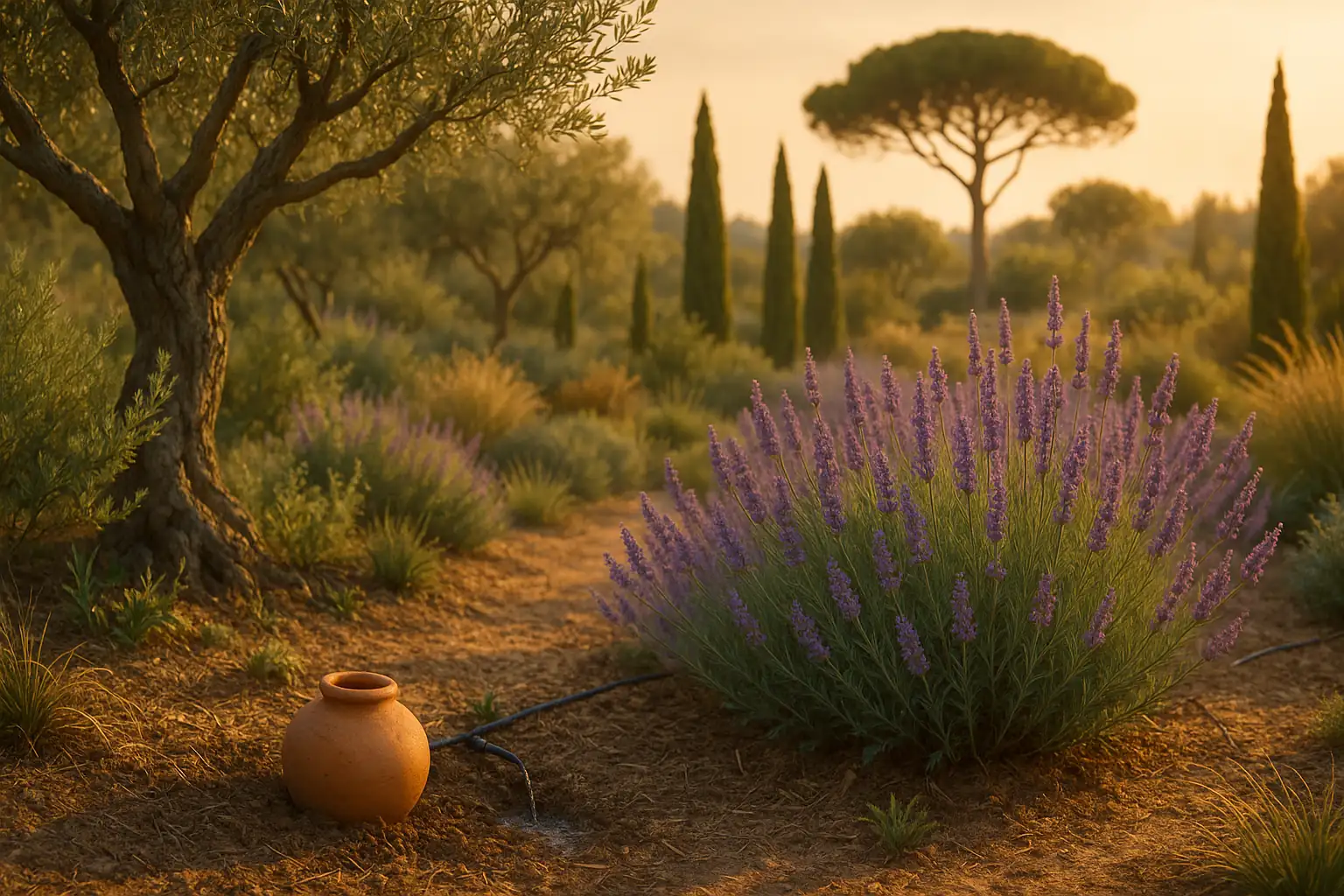 jardin-mediterraneen-gestion-eau-beziers Paysage de jardin méditerranéen durable à Béziers, avec lavandes et cyprès, illustrant la gestion de l'eau en Occitanie avec une olla.