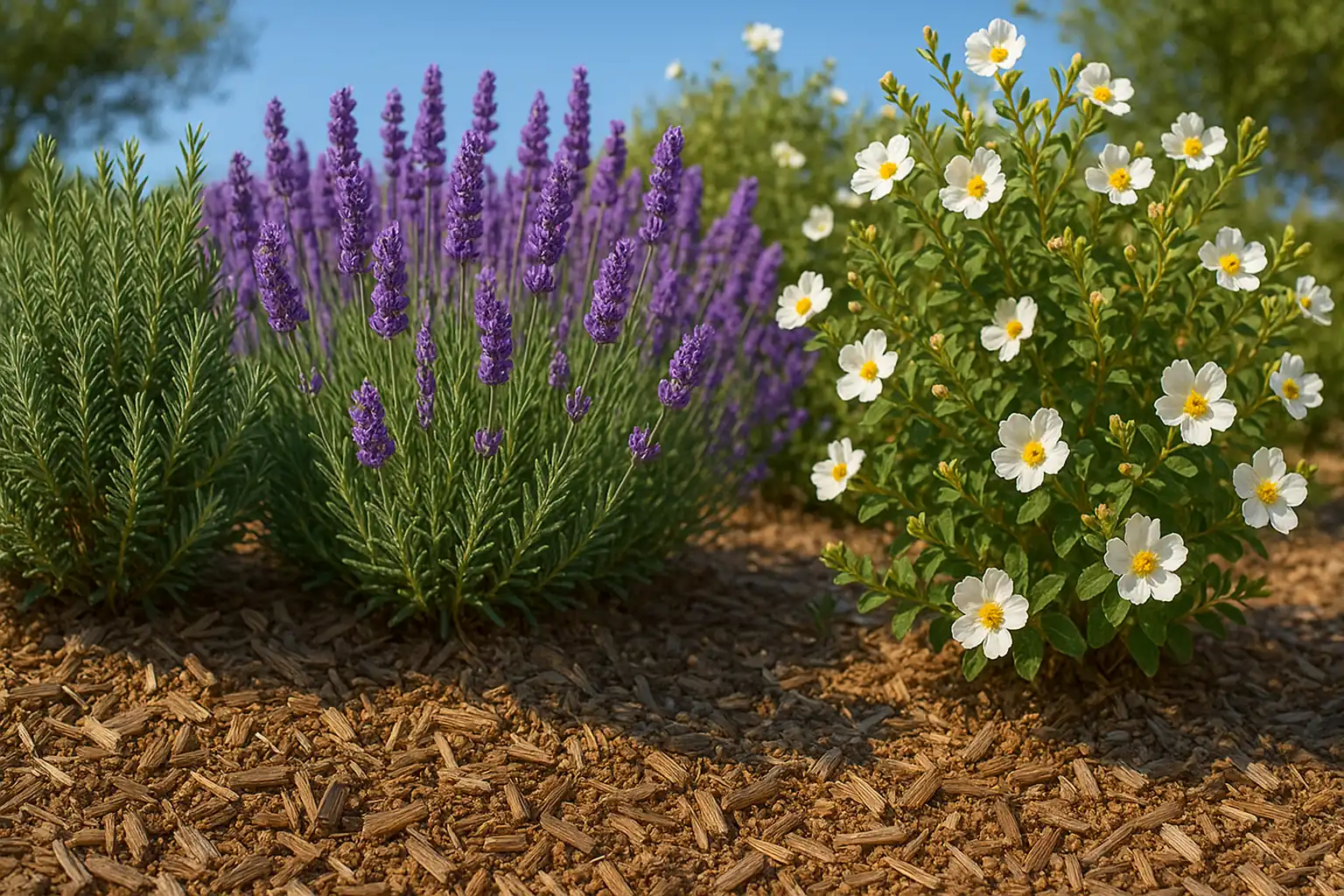plantes-economes-eau-paillage-herault Gros plan sur des plantes économes en eau, lavande et ciste, avec un paillage au sol, solution de paysagiste pour un jardin sec dans l'Hérault.