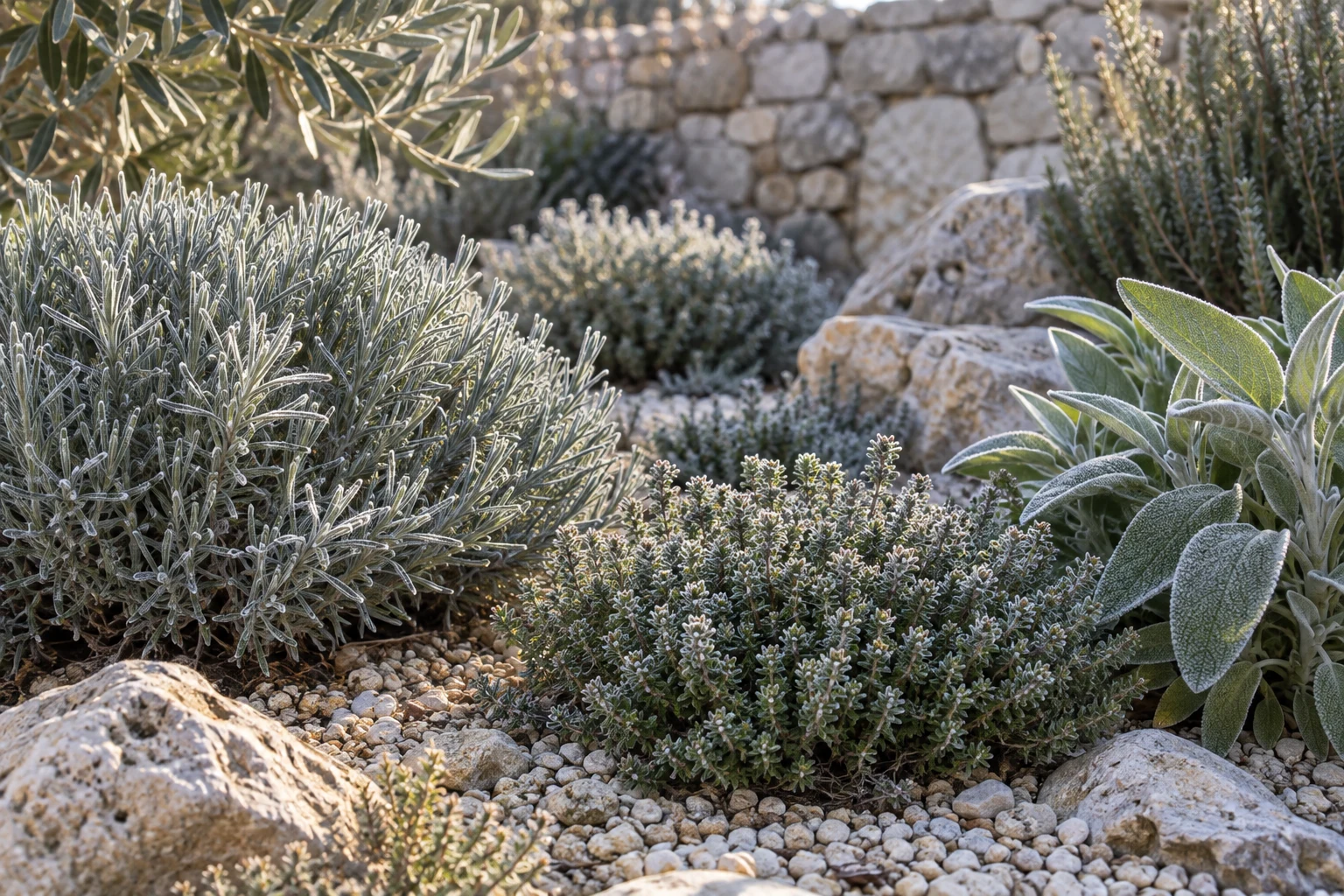 Plantes aromatiques méditerranéennes couvertes d’un léger givre dans un massif minéral