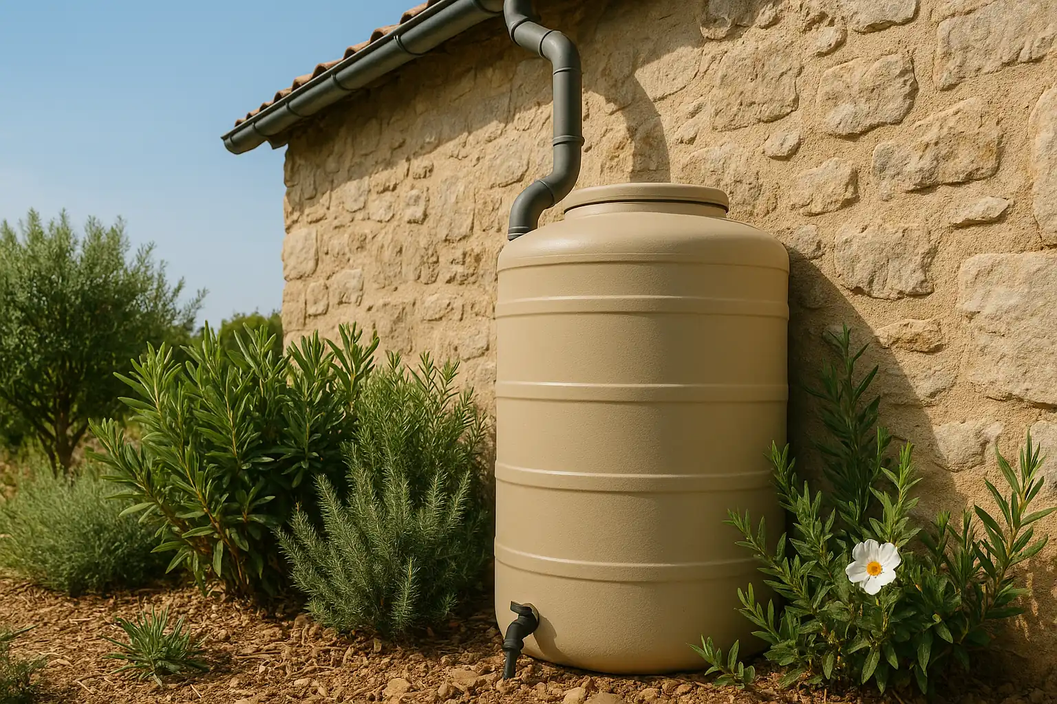 recuperateur-eau-pluie-jardin-occitanie Récupérateur d'eau de pluie installé dans un jardin durable en Occitanie pour lutter contre la sécheresse.